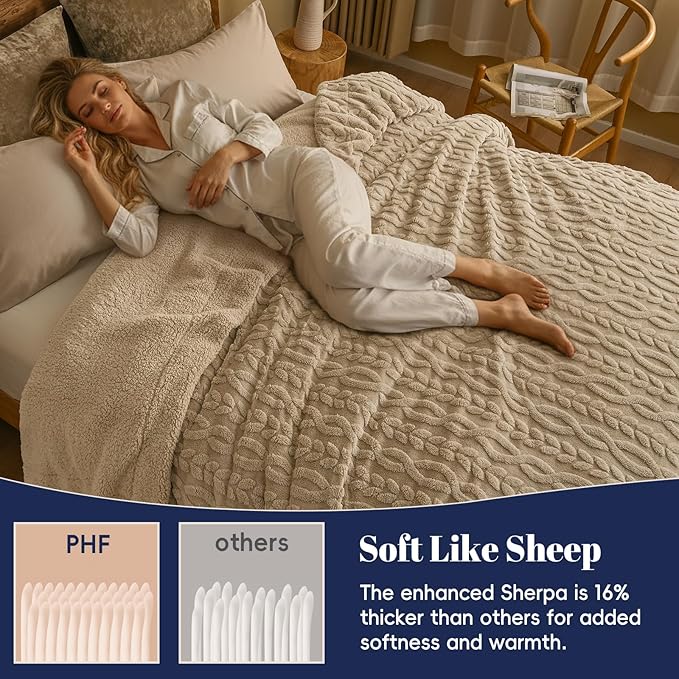 PHF Ultra Soft Sherpa Fleece Blanket King Size 108" x 90", 510GSM Fleece Lightweight Yet Warm Blanket for Winter Bed, No Shedding, No Pilling, Tufted Jacquard for Luxury Home Decor, Khaki