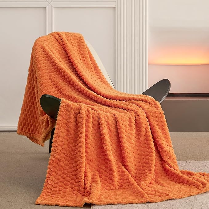 Super Soft Fleece King Size Blanket 90x102 Inches for Bed, Premium Silky with 3D Imitation Turtle Shell Jacquard Decorative Blankets, Lightweight and Cozy for Living Room.Orange