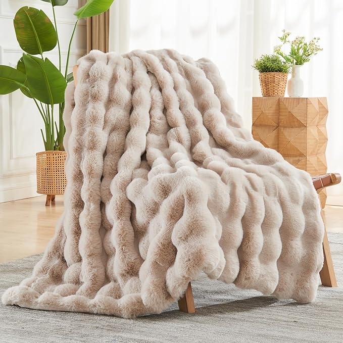 NEWCOSPLAY Faux Fur Twin Blanket Linen Luxury Fluffy Thick Warm Bubble Blanket for Couch Sofa Bed 1000GSM (Linen Bubble Thick, Twin(60"x80"))