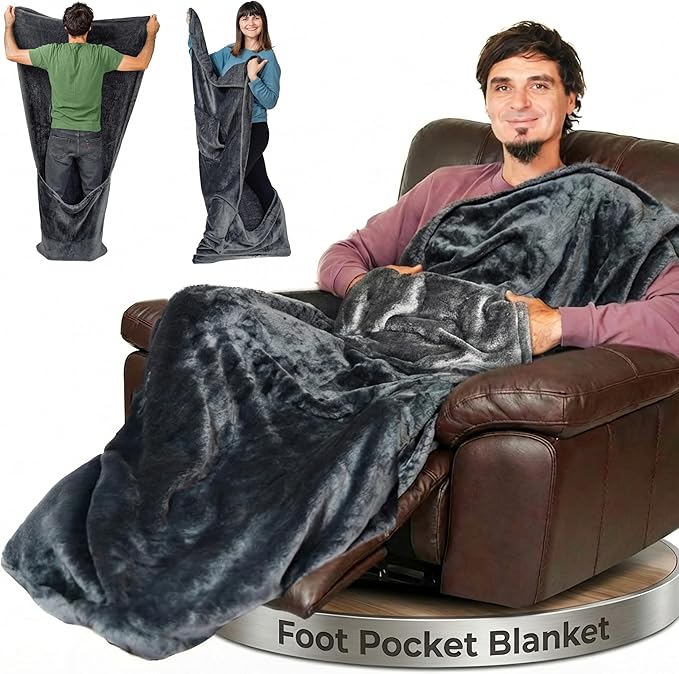 Fleece Lightweight Foot Pocket Blanket -Patent Pending- Dorm Gamer Useful Gift for Men - TV Throw - Father's Day Premium Gifts for Dad Who Wants Nothing (Fleece, Velvet Anthracite)