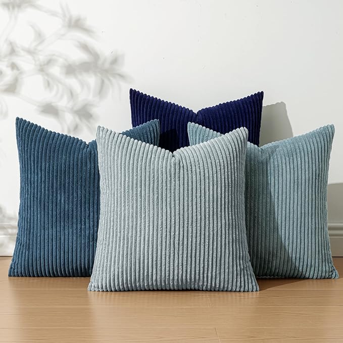 EMEMA Coastal Blue Decorative Throw Pillow Covers 20x20 Inch Set of 4 Boho Farmhouse Corduroy Striped Square Pillow Case,Western Modern Cushion Covers for Couch Bed Livingroom Home Decor