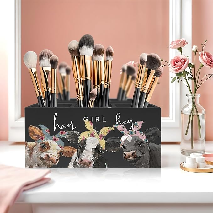Hay Girl Hay Cow Makeup Brush Toothbrush Holder, Pen Pencil Holder, Organizer for Bathroom Vanity Dorm, Cow Lover Gifts for Home Office Dorm Desk Accessories
