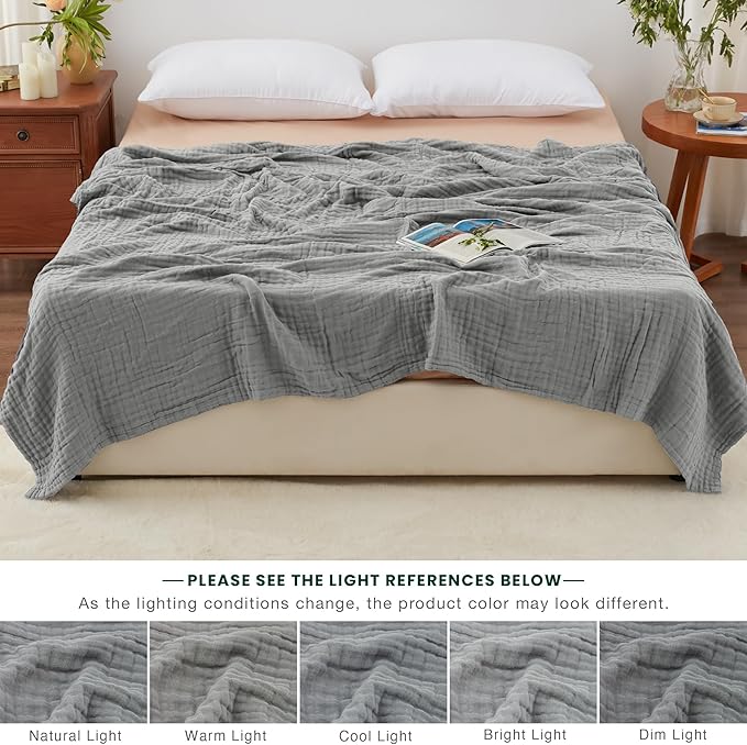 Love's cabin 100% Cotton Muslin Blanket, 6 Layer Lightweight Breathable Gauze King Size Blanket 108 x 90 Inches, Soft Summer Blanket for Bed, Medium Grey