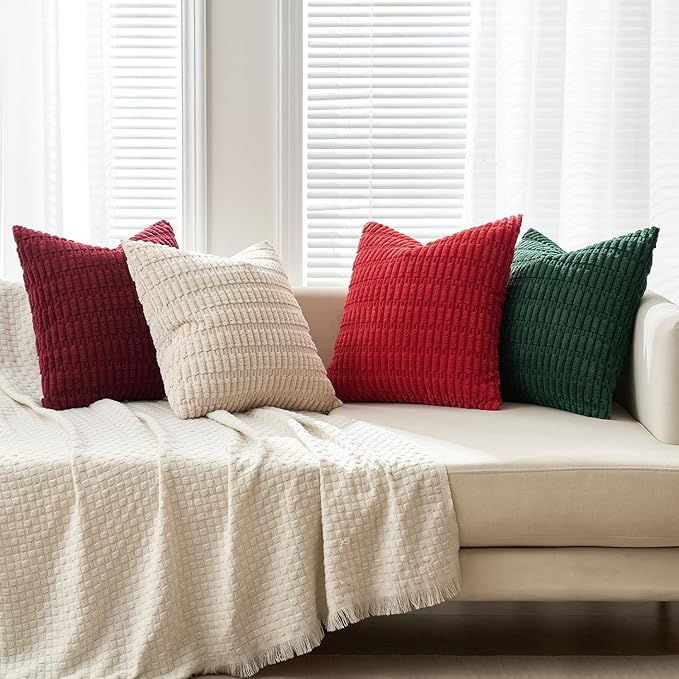 MIULEE Pack of 4 Christmas Boho Farmhouse Red and Green Corduroy Decorative Throw Pillow Covers 18x18 Inch Retro Soft Striped Pillow Covers Home Decor for Sofa Living Room Couch Bed