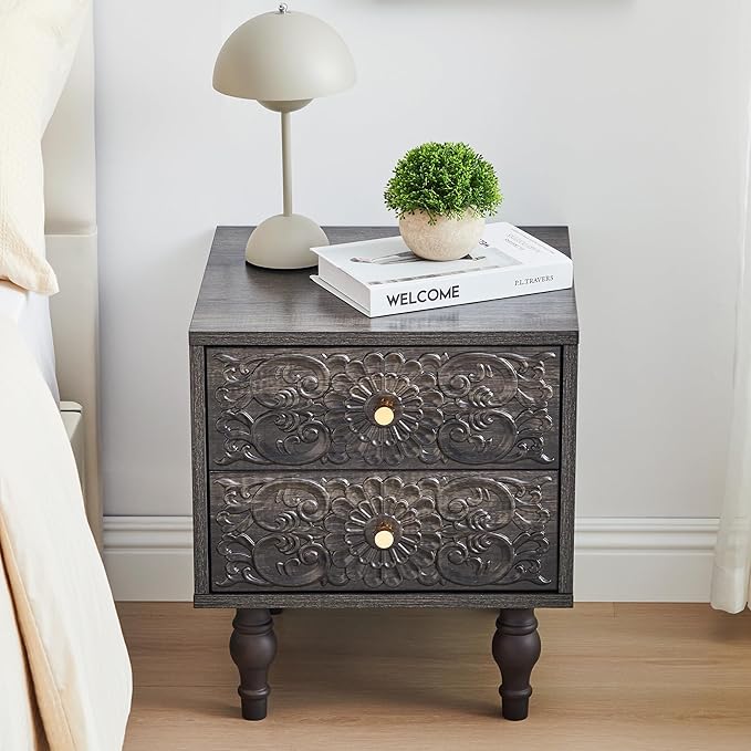 Nightstand, Farmhouse Bedside Table with 2 Drawers and Metal Handles, Wood Sofa Side Table End Table Accent Dresser for Bedroom, Living Room (Black Brown) (15.75 x 16.02 x 18.15 Inch)