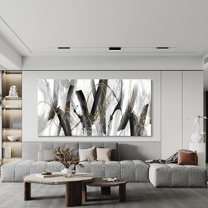 AJAZIKO Abstract Wall Art for Living Room - Large, Black and Gold Wall Art Decor, Office Pictures, Modern Artwork Paintings, Black and White Wall Decor - Ideal for Bedroom and Office Decorations