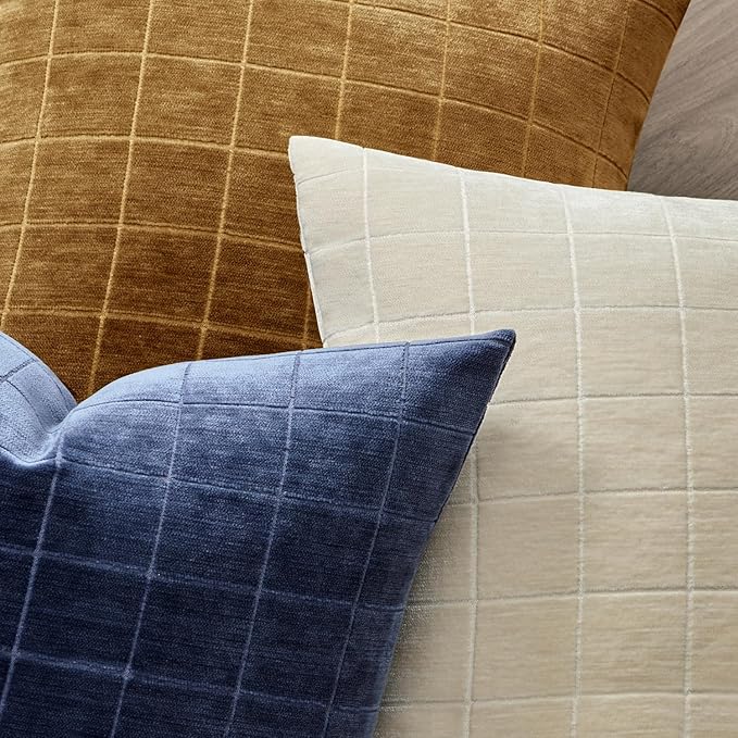 MIULEE Decorative Chenille Check Lumbar Throw Pillow Covers Vintage Plaid Couch Pillows 12x20 Inch Set of 2 Neutral Boho Cushion Covers Modern Home Coastal Decor for Sofa Bed Living Room Navy Blue