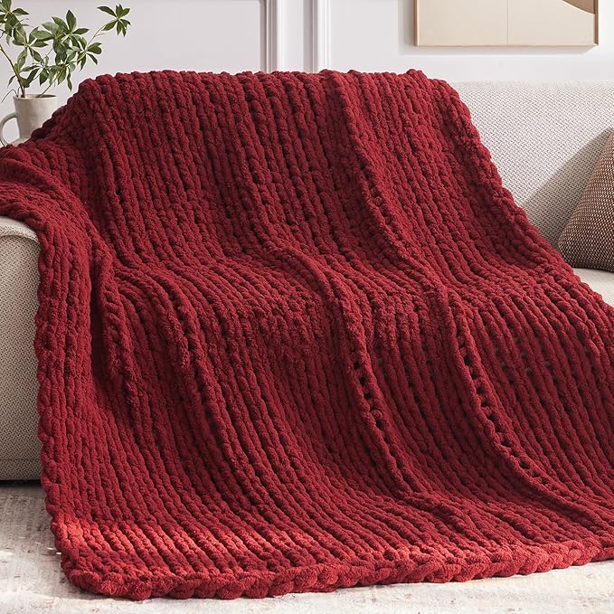 Chunky Knit Throw Blanket, 80''*90'' Knitted Throw Chenille Yarn for Bed Couch, Handmade Red Crochet Big Thick Blanket, Machine Washable Cute Comfy Blanket for Home Decor