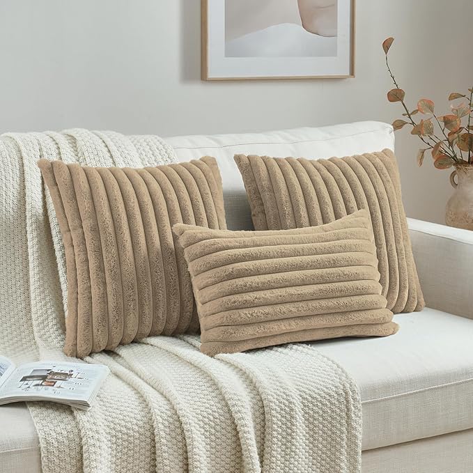 FUTEI Khaki Decorative Throw Pillow Covers Set of 2, 12x20 Inch Soft Fluffy Faux Fur Plush Striped Lumbar Pillowcases, Modern Home Decor for Couch Bed Living Room