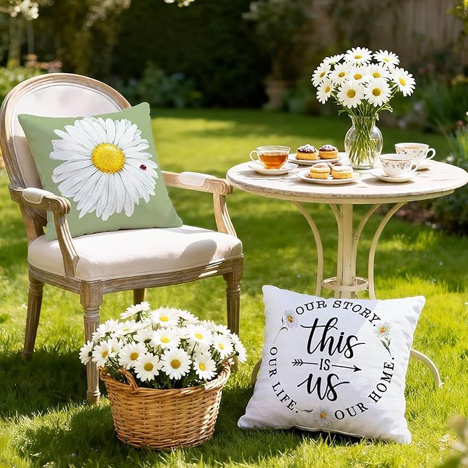Hexagram Spring Summer Pillow Covers 16x16 Set of 4, Floral Daisy Outdoor Decorative Throw Pillow Covers, Green Farmhouse Cushion Case for Couch Sofa Living Room Bedroom Home Indoor Decor(No Insert)