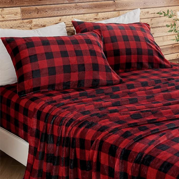 BEDELITE Flannel Sheets Queen Size Bed Set, Luxury Red and Black Plaid Christmas Bedding Set, Super Soft & Warm Fuzzy Fleece Sheets 4 Piece(Include Fitted Sheet, Flat Sheet, 2 Pillowcases)