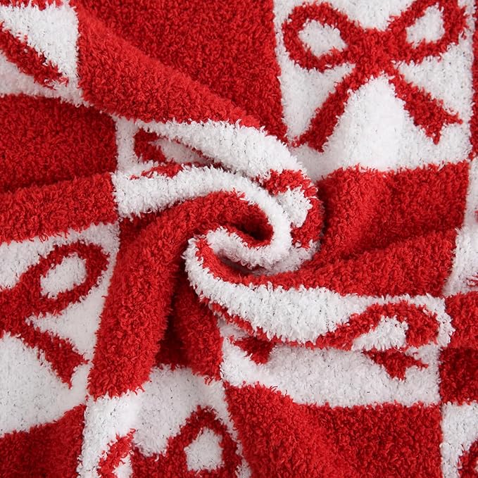 YIRUIO Red Checkered Knit Throw Blanket - with Bow Pattern for Women Daughter, 50x60 Size Ultra Soft Microfiber Reversible,Fluffy Fuzzy Cozy Throw for Bed, Sofa & Couch, Home Decor