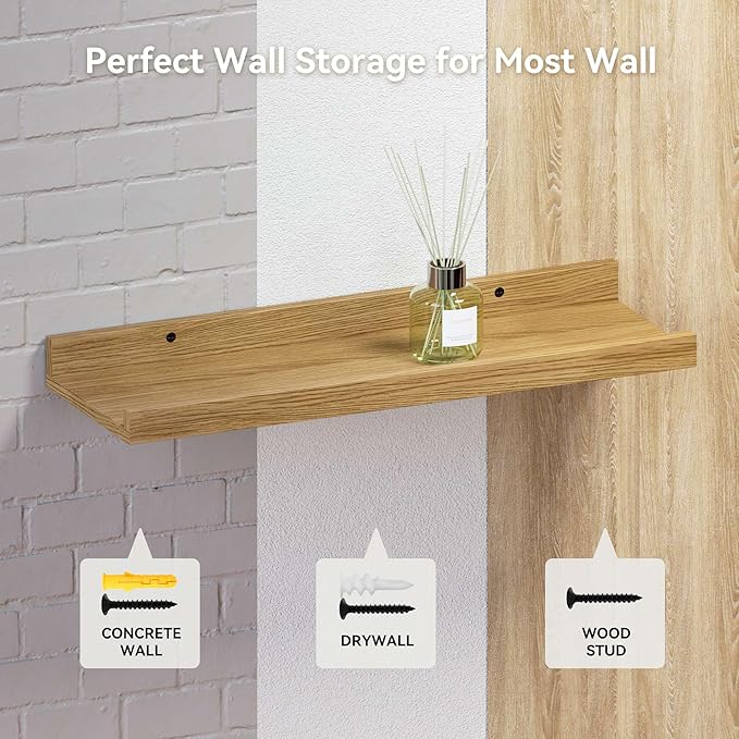 55.1 Inches Long Floating Shelves, 2 Set Rustic Wall Shelf for Bedroom, Nursery Book Shelf with Lip, Picture Ledge Shelf for Living Room, Bathroom, Kitchen - Oak