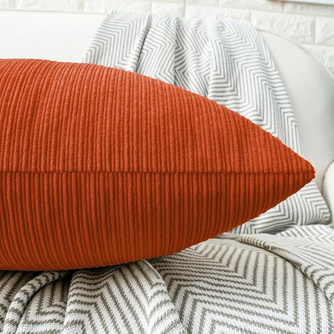HWY 50 Burnt Orange Chenille Throw Pillow Covers 12x20 Inch with Triple Buttons, Soft Fall Farmhouse Accent Decorative Cushion Cases for Couch Sofa Bed Living Room Pack of 2 Rectangle