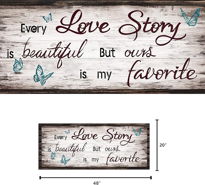 Kalormore Retro Love Story Canvas Wall Art for Bedroom Butterfly Sweet Quote Rustic Brown Wooden Textured Picture Prints Artwork for Living Room Bedroom Ready to Hang