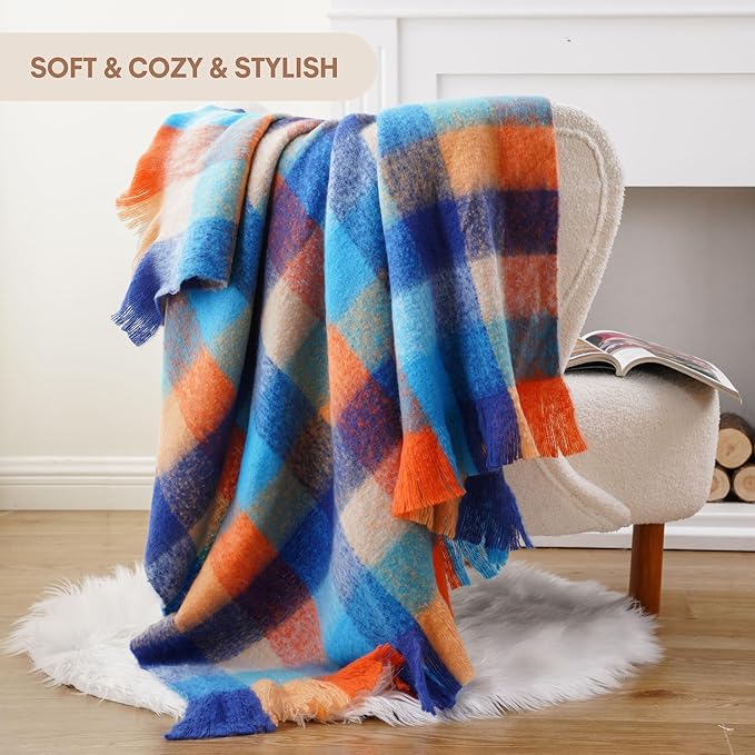 BATTILO Colorful Plaid Throw Blanket for Couch Bed, Fall Blue Plaid Throw Blanket with Vibrant Colors,Super Soft Cozy Cashmere Mohair Tartan Plaid Blanket for Fall Decor Home Decor(50"x60")