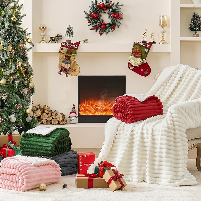 INFIIXSO Sherpa Throw Blanket for Couch - Super Soft & Warm Striped Fleece Blanket, Cozy Plush Fluffy Blanket All Season Use (Off White, 50x60 Inches)