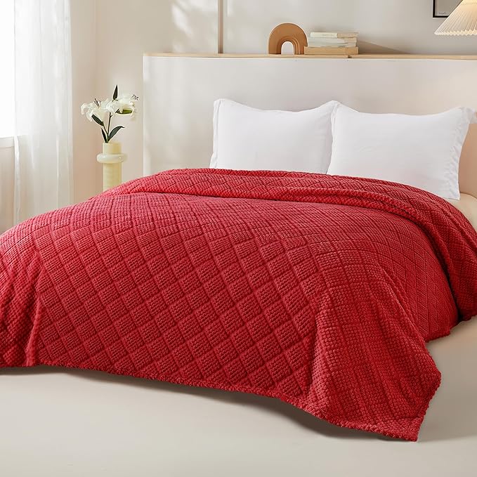 Whale Flotilla Fuzzy Fleece Twin Size Blanket for Bed, Soft Fluffy Jacquard Waffle Blankets for All Season, Lightweight and Warm, 60x80 Inch, Red