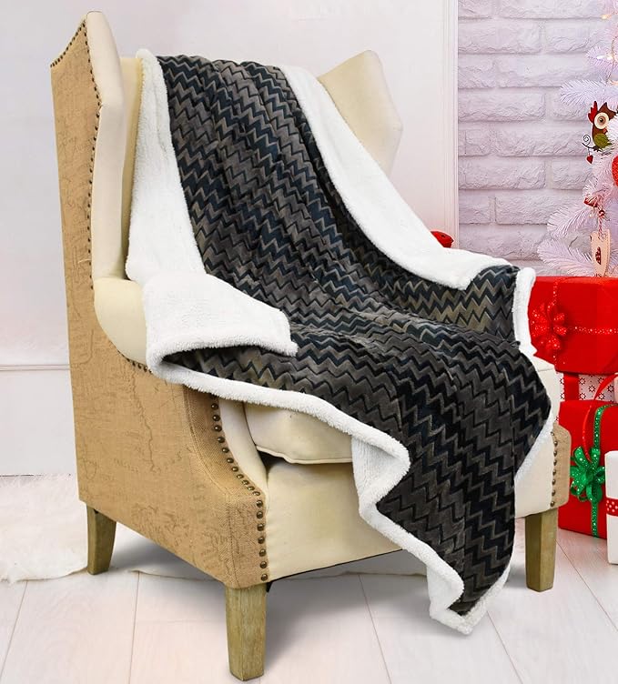 Catalonia Silky Soft Sherpa Throw Blanket, Flannel Chevron Micro Plush Fleece Throws for Couch Sofa TV Bed, Reversible, Comfy, Fuzzy, 50"x60" Charcoal