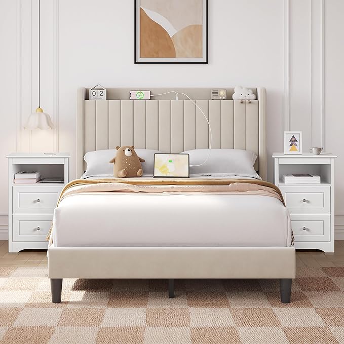 Yaheetech Bedside Table Set of 2, Tall Nightstand with 2 Drawer and Cubby, Wooden Bedside Table for Bedroom Small Space, Tall Bedside Cabinet Telephone Table, 16″ D × 19″ W × 29″ H, White