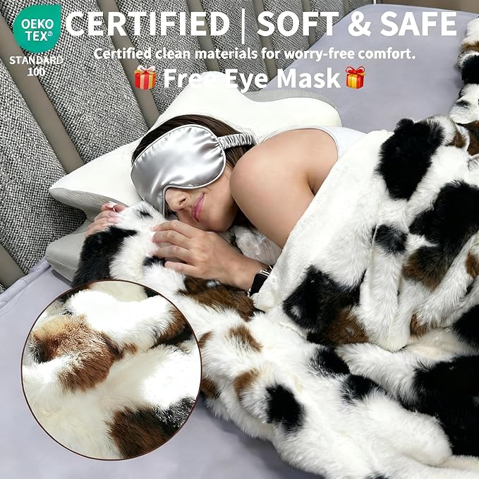 Cow Print Faux Fur Baby Blanket 40x50 – Fluffy Cow Bubbles Blanket, Ultra Soft Rabbit Faux Fur Throw for Kids & Travel, Black to White Ombre with Brown Accent, Cozy Decorative Cow Gift