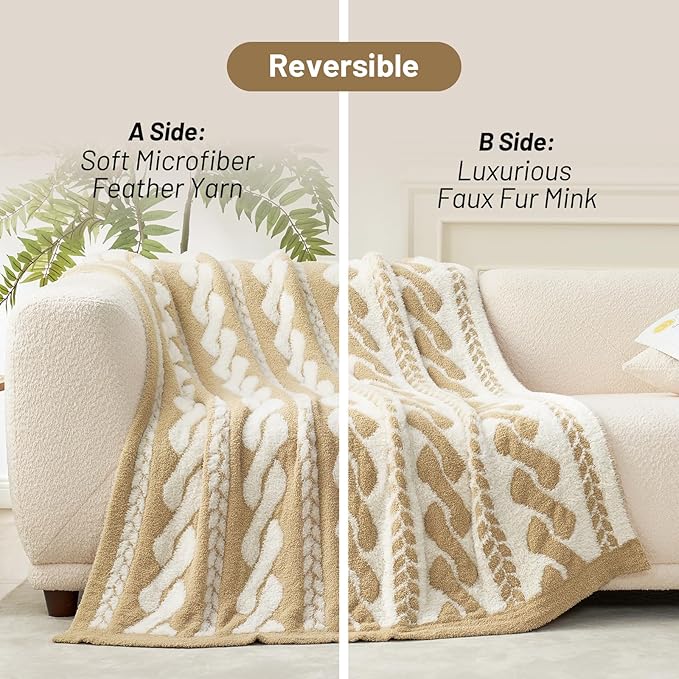 Amélie Home Knit Throw Blanket for Couch, Super Soft Fuzzy Cozy Throw, Giftable Knitted Blanket for Women Men, Birthday, Sofa Bed Living Room Decor, 50" x 60", Cable Beige & White