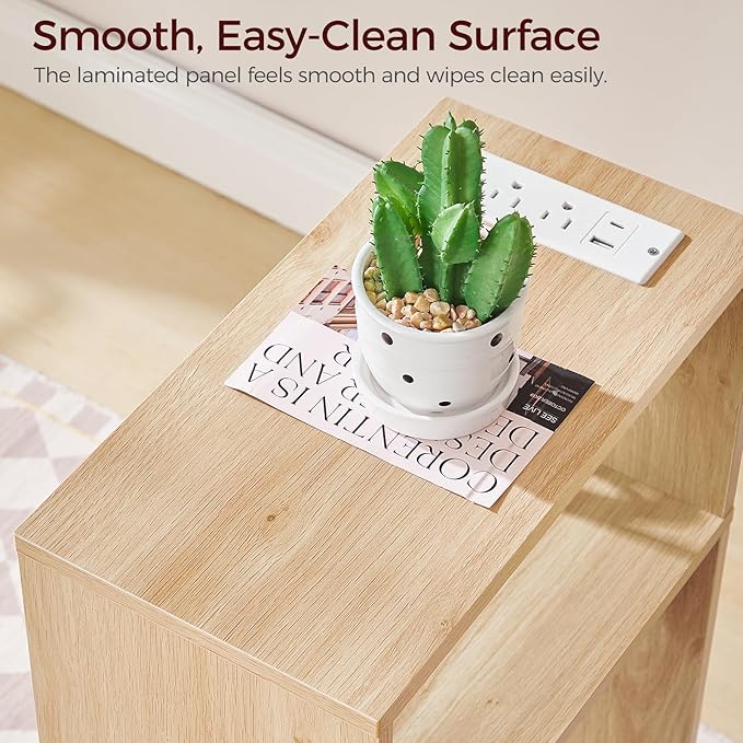 Small Narrow Side Table with Open Storage Shelves, 3-Tier Skinny End Table with Charging Station for Small Space, Slim Nightstand, Skinny Couch Side Table for Living Room, Bedroom, Natural ETNA751E01