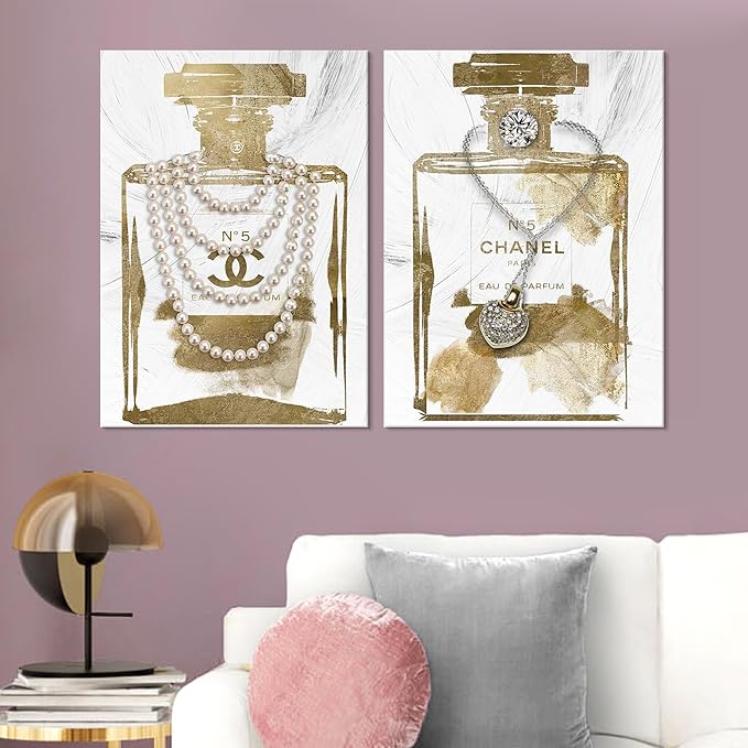 2 Pieces Vintage Perfume Bottle Wall Art Gold Canvas Pictures Wall Decor Modern Luxury Fashion Posters Print Glam Artwork Picture for Bedroom Make up Room Home Decor 12"x16"(30x40cm)
