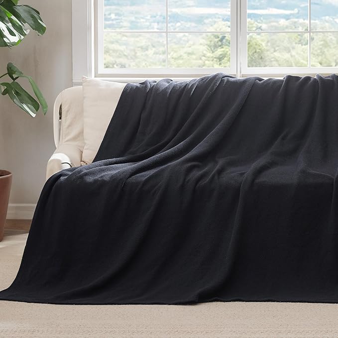 Bedsure GentleSoft 100% Cotton Blanket Twin XL Size for Bed - Breathable and Lightweight, Soft Cozy Textured Herringbone Woven Summer Blanket for College Dorm, Black, 66x90 inches