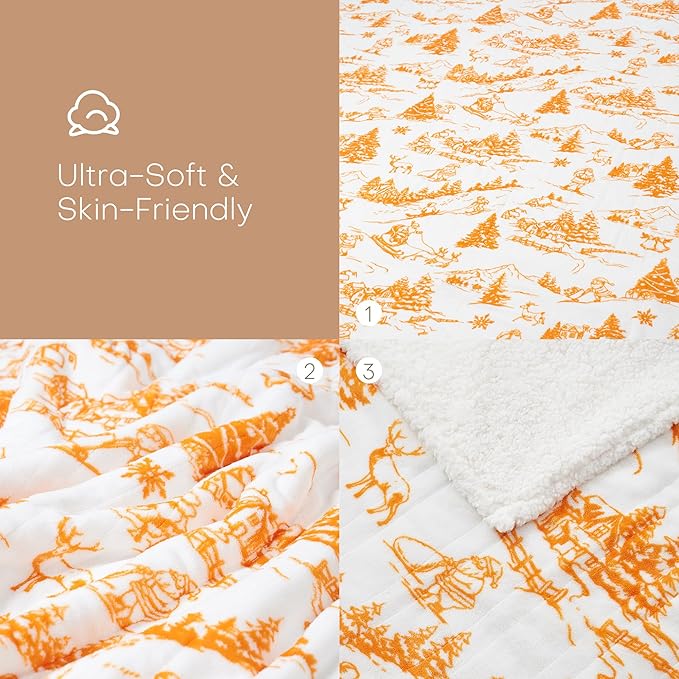 LUXIAN Electric Heated Blanket Throw Size 50"x60" - Flannel & Sherpa Fabric Dual-Sided, 9 Heat Settings & 1-3 Hours Auto Off, Machine Washable,Christmas Santa Forest, Orange and White