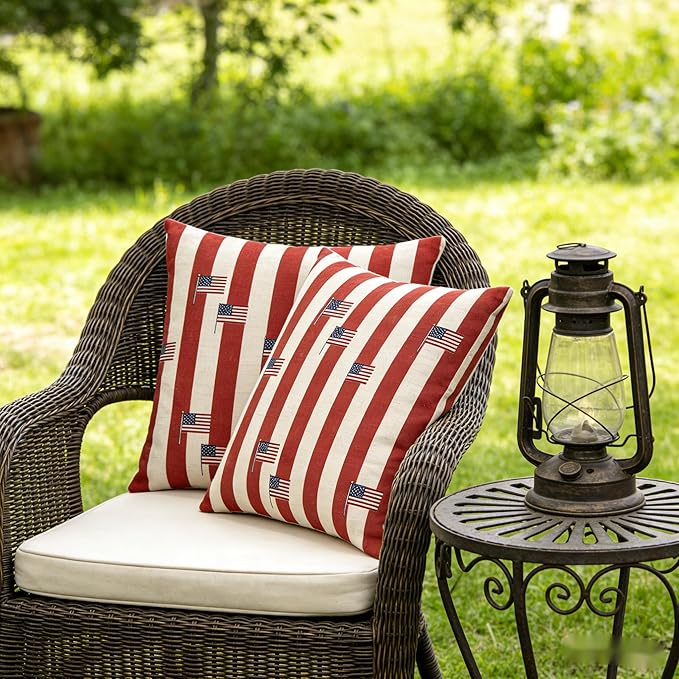 Patriotic Throw Pillow Covers, Red White Blue, Linen, 18x18 Inch, Set of 2, Farmhouse Style, July 4th Independence Day