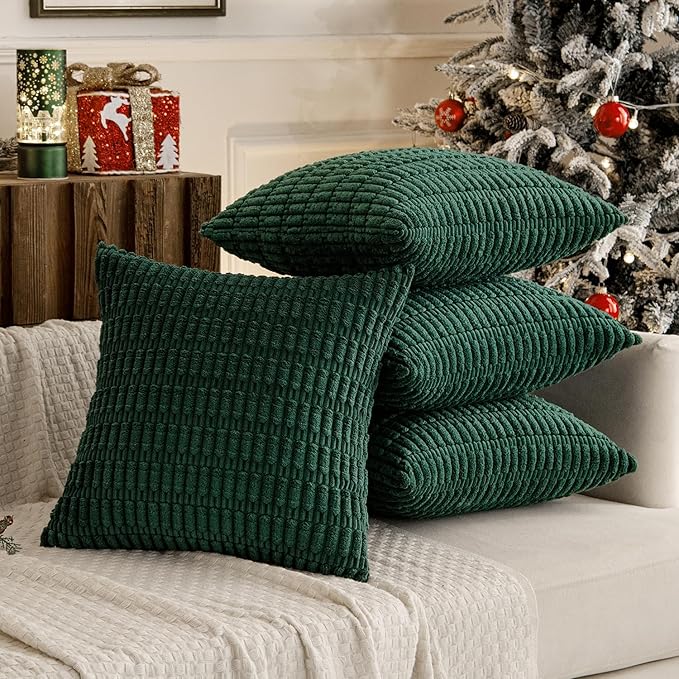 MIULEE Pack of 4 Christmas Dark Green Corduroy Decorative Throw Pillow Covers 20x20 Inch Soft Boho Striped Pillow Covers Modern Farmhouse Home Decor for Sofa Living Room Couch Bed