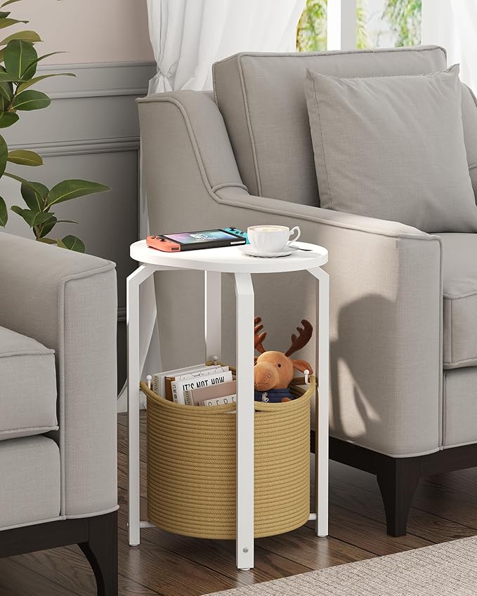 TUTOTAK Small Side Table, Oval End Table, Night Stand, Bedside Table, Set of 2, Sofa Table with Storage Basket, Living Room, Bed Room, White and Beige TB01BWN0932
