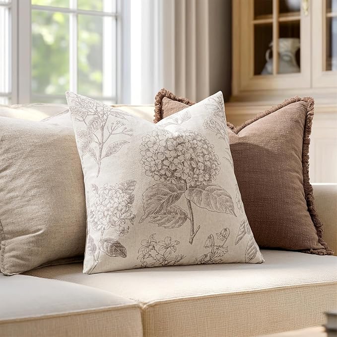 Set of 2 Decorative Floral Neutral Pillow Covers 18x18 Inch Light Camel Hydrangea Print Spring Boho Vintage Throw Cushion Covers for Sofa Couch Porch Bedroom Living Room Summer Home Decor