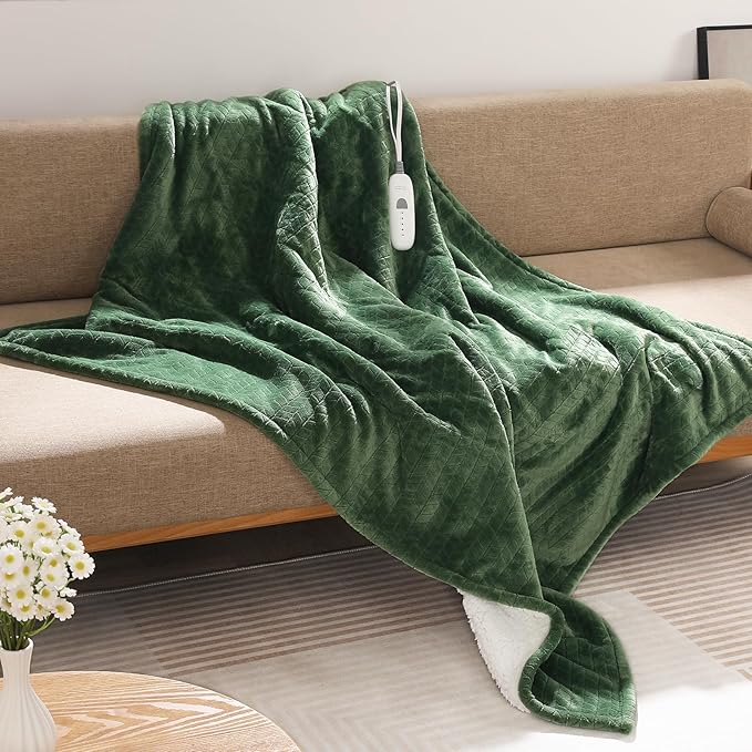 Electric Throw Blanket Heated Throw 50''x60''- Wheat Pattern Flannel & Sherpa Heated Lap Blanket with 5 Heat Settings & 4-Hour Auto Shut-Off, ETL & FCC Certified, Machine Washable Home Use, Green