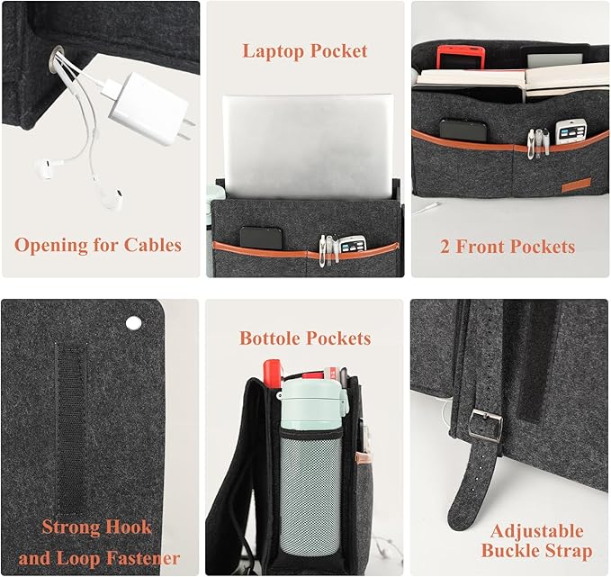 Surblue Bedside Caddy Felt Storage Organizer Hanging Bag with Tissue Box and Water Bottle Pocket for Mattress, Sofa, Bunk Bed, Dark Gray