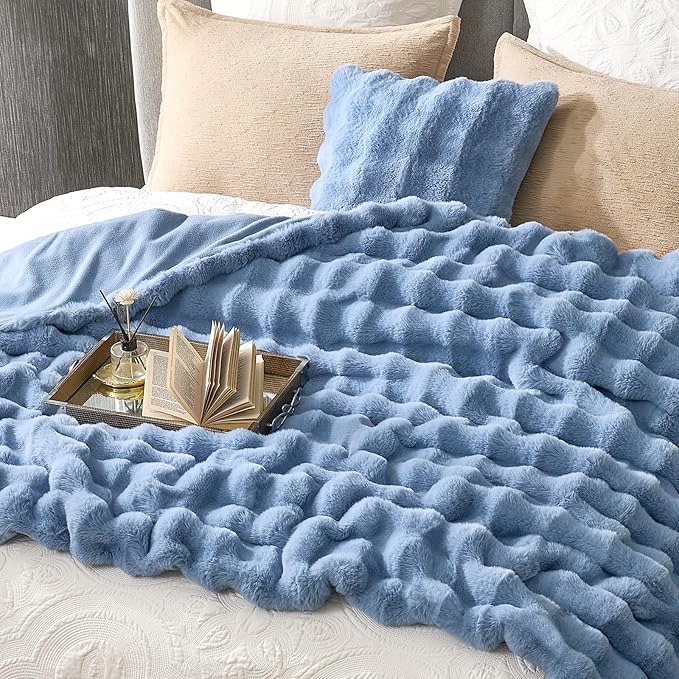 Cozy Bliss Faux Fur Bubble Throw for Couch, Fuzzy Soft Plush Thick Blanket for Sofa Bed Gift, 50x60 Inches Misty Blue