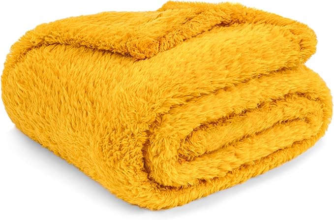 PAVILIA Sherpa Throw Blanket for Couch Sofa, Mustard Yellow Fluffy Warm Plush Blanket for Twin Bed, Cozy Super Soft Lightweight Throw, Fuzzy Decorative Blanket, All Season Home, 60x80
