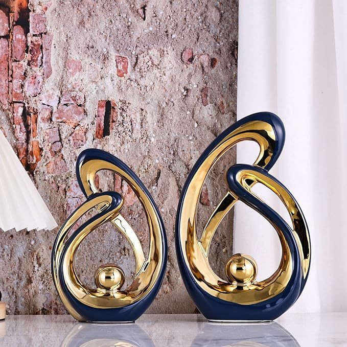 XMGZQ Home Decor Accent,Porcelain Art Mid Century Bookshelf Decorations,Gold Centerpieces for Tables,Abstract Ceramic Statue Sculpture for Coffee Table Mantel Tv Stand Centerpieces (Blue, Large)