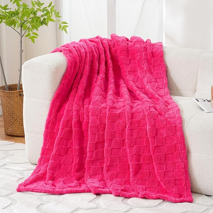 Hot Pink Fleece Throw Blanket 50”×60” for Couch Sofa Bed,Super Soft Cozy Plush Microfiber Flannel Blanket with 3D Checkered Design Lightweight for Adults Woman Girls