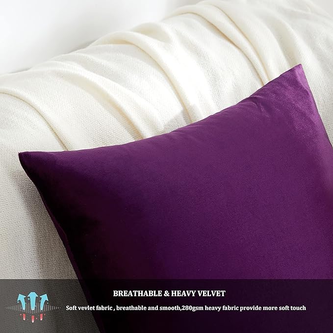 GIGIZAZA Purple Velvet Decorative Throw Pillow Covers Cushion Cover Set of 4 Luxury Pillow Cases for Sofa (18x18inch(45x45cm)-4pcs, Purple)