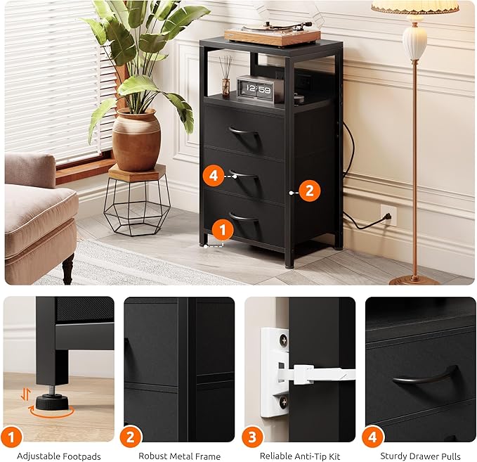 NightStand Bedside Charging Table Bedroom - Night Stand with Charger Station, Black Modern Bed Side End Table with Open Shelf & 3 Fabric Drawers, USB-C Port for Dorm, Living Room