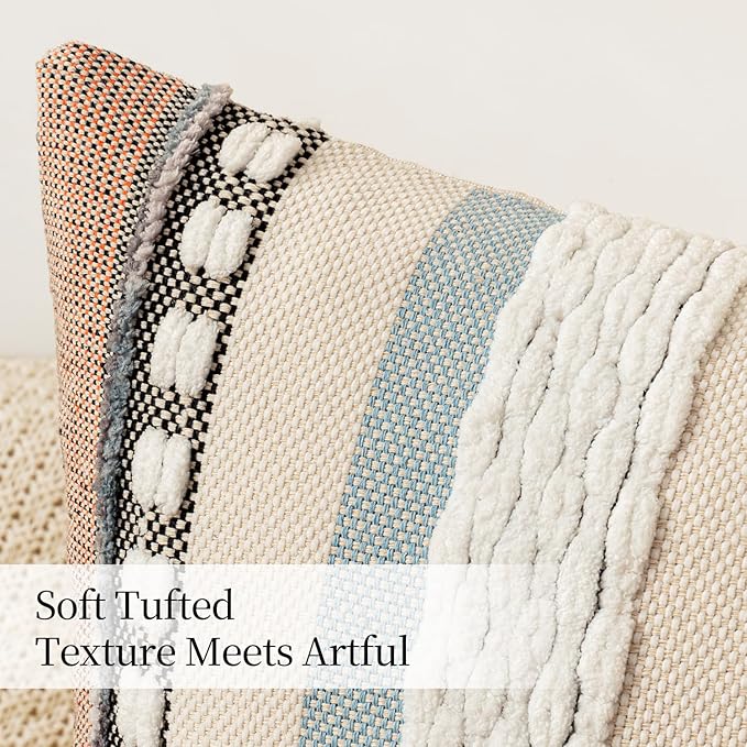 ANRODUO Pack of 2 Boho Decorative Throw Pillow Covers 20x20 Farmhouse Cushion Case Striped Chenille Pillow Cases Square Pillow Covers Accent Neutral Pillowcase for Sofa Couch Bed, Orange-Blue Stripe