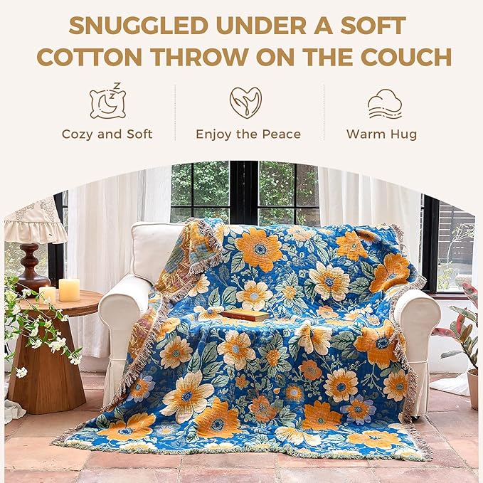 Boho Throw Blanket for Bed Cotton Spring Blankets for Bedroom Living Room Twin All Season Lightweight Floral Embroidery Quilt for Couch Sofa Chair 60"x80"