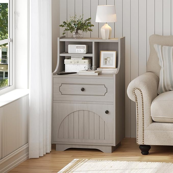 4ever2buy Farmhouse Nightstand with Storage Drawer and Hutch Bedside Table for Bedroom 30.31 inch Tall Night Stand End Table Wash Gray