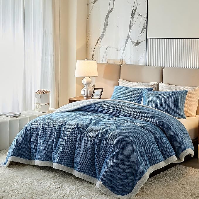 Luxury Flannel Fleece Sherpa Blankets King Size for Bed, Jacquard Boho 3-Layer Thick and Warm Blanket for Winter, Soft Cozy Fuzzy Plush Velvet Blanket with 2 Pillow Cases, Blue, 102x88 Inches