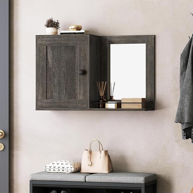 Medicine Wall Cabinet with Mirror, Bathroom Mirror with Storage, Medicine Cabinet Mirror, Wall Mounted Home Storage, Adjustable Shelf, for Laundry Room, Bedroom, Camper, Hallway, Smoky Oak