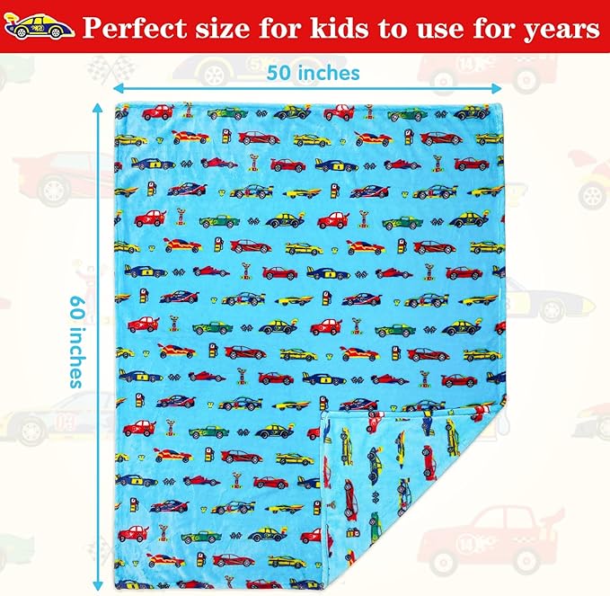 Lukeight Race Cars Toddler Blanket, Plush Cars Throw Blanket for Kids, Thick and Warm Boys Blanket for Teens, 50x60 Inches, Cartoon Cars, 100% Microfiber Polyester, Unisex, Modern, Reversible