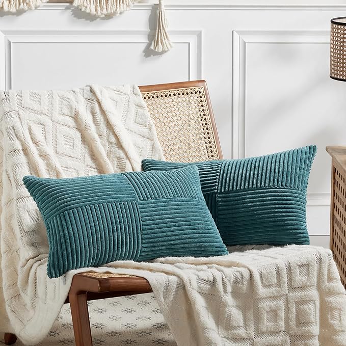 Fancy Homi 2 Packs Teal Long Lumbar Decorative Throw Pillow Covers 16x24 Inch for Couch Bed Sofa, Rustic Farmhouse Boho Home Decor, Soft Striped Corduroy Rectangle Accent Cushion Case 40x60 cm