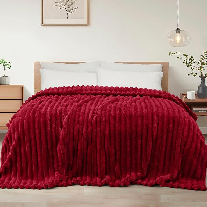 Exclusivo Mezcla Twin Size Flannel Fleece Blanket, Super Soft Striped Jacquard Bed Blanket, Lightweight Fuzzy Cozy for All Seasons, 60x80 Inches, Deep Red